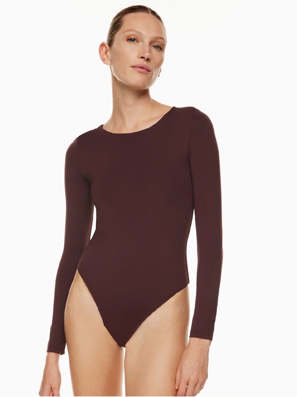 Babaton Contour Crew Longsleeve Bodysuit in a dark brown shade